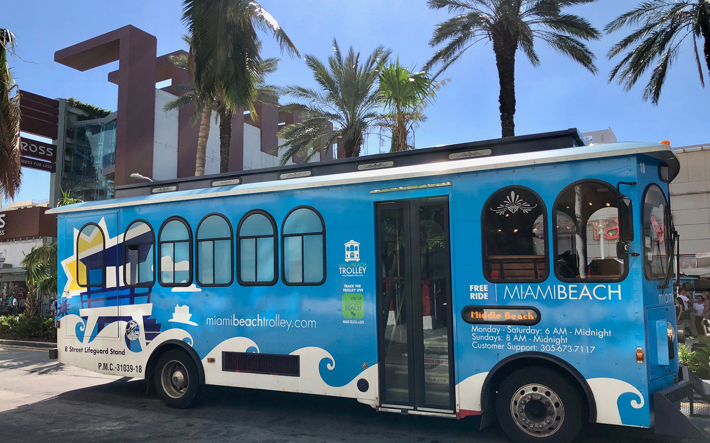 Side view of Miami Beach's Mid Beach trolley