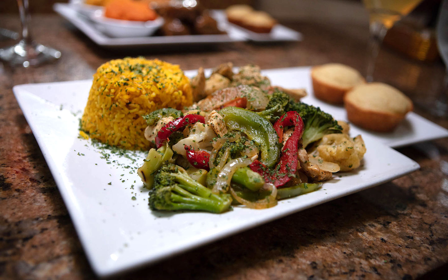 Yellow rice, vegetables and chicken at Jackson Soul Food